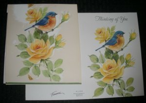 THINKING OF YOU Blue Bird w Yellow Roses 5.5x6.25 Greeting Card Art #7563