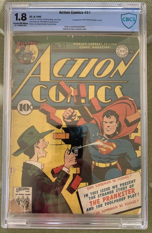 Action Comics #51 (1942) CBCS 1.8 -- First Prankster appearance; Like CGC