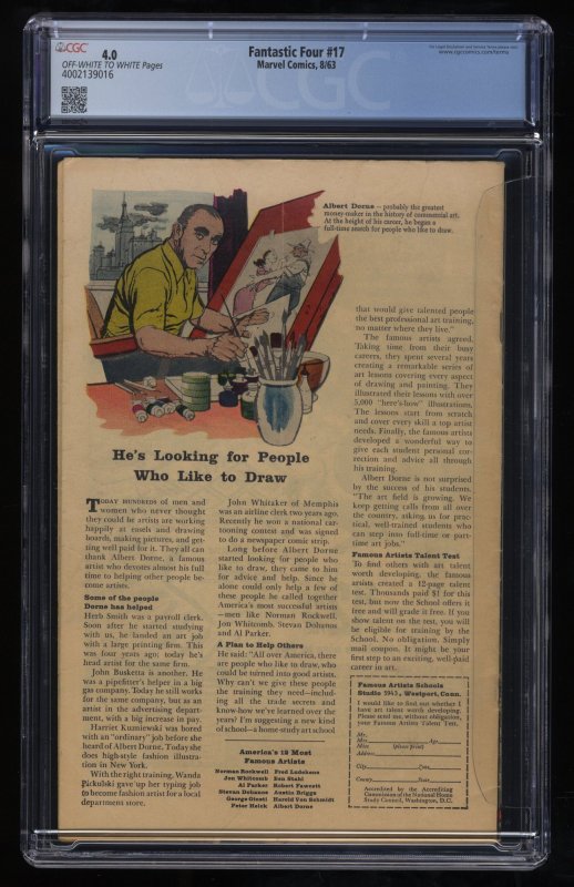 Fantastic Four #17 CGC VG 4.0 Off White to White Doctor Doom Appearance!