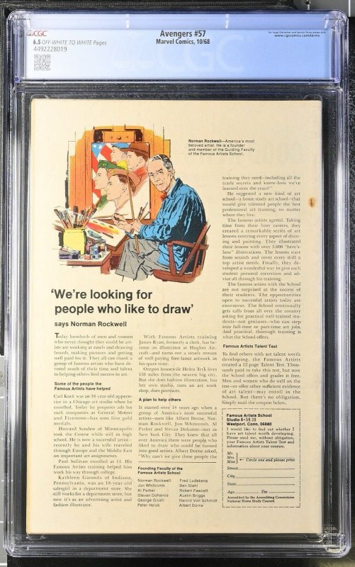 Avengers 57 Cgc 6.5 Ow/w Pages Marvel 1968 1st Vision