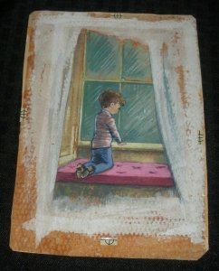 GET WELL SOON Painted Sad Boy at Rainy Window 6x8.5 Greeting Card Art #6513