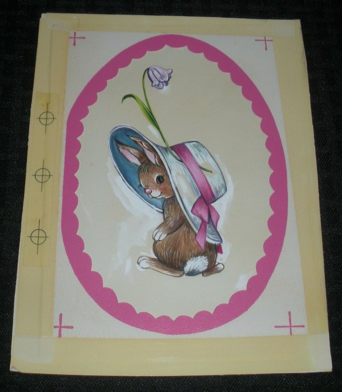 HAPPY EASTER Cute Bunny Rabbit in Bonnet Flower 6x8.5 Greeting Card Art #2814