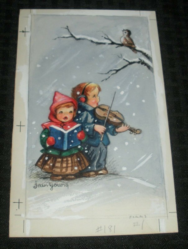 CHRISTMAS Children Singing Playing Violin to Bird 5.5x9 Greeting Card Art #181