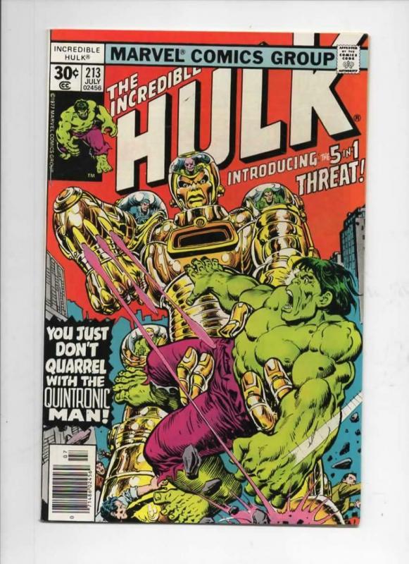 HULK #213, VF/NM, Incredible, Bruce Banner, Quintronic Man, 1968 1977, Marvel 