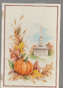 CHURCH w/ Pumpkin & Leaves 4.25x6.25 #nn Thanksgiving Greeting Card Art