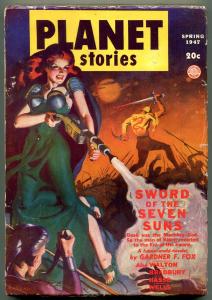 Planet Stories Pulp Spring 1947- Spicy cover- Bradbury- Sword of 7 Suns