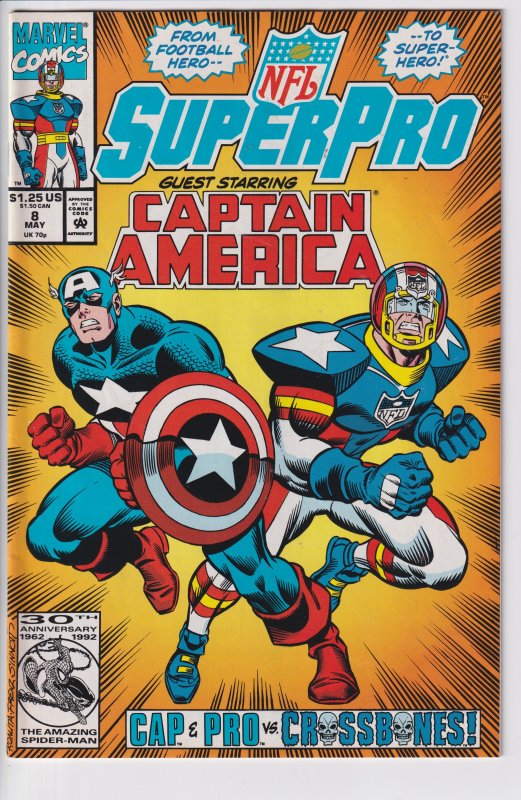 NFL Superpro #8 (May 1992) VF- 7.5 white paper. Classic cover, Captain America!