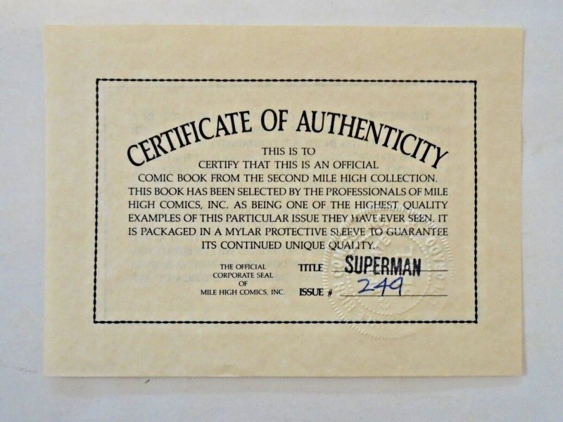 Superman (1958 DC) #249; Mile High II copy with COA! Adams!