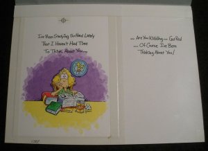 THINKING OF YOU Woman Studying Cartoon Gag 12x10 Greeting Card Art #nn