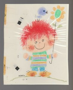 HAPPY BIRTHDAY Cute Boy w. Orange Hair Flower & Bird 5x6 Greeting Card Art #nn