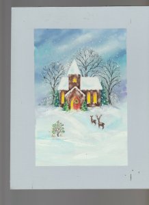 SNOW COVERED CHURCH with Deer 8x10.5 Greeting Card Art #SP5420