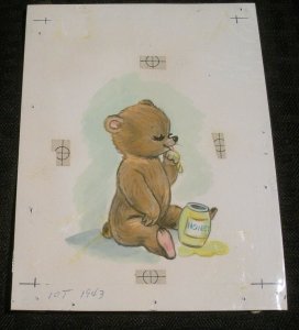 Vintage Painted TEDDY BEAR w/ Honey Jug 4.5x6 Greeting Card Art #1943