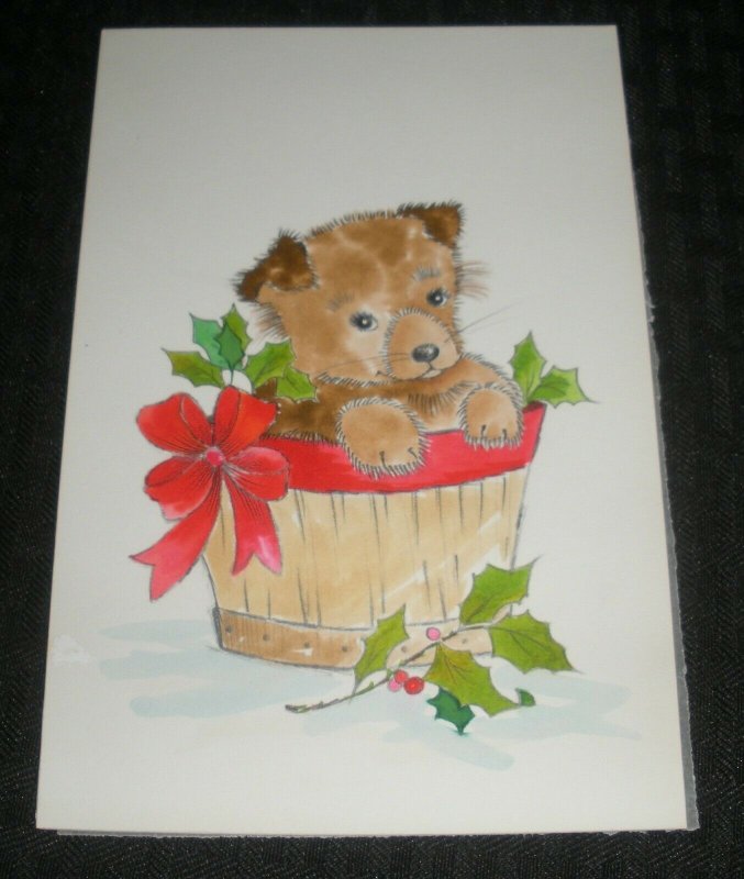 CHRISTMAS Cute Dog in Basket w/ Red Ribbon 5x7.25 Greeting Card Art #119