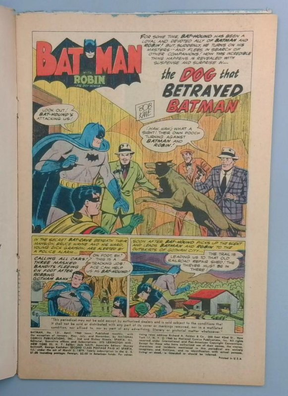 Batman #131, VG- Bottom Staple Detatched, DC Comics, 1960 JR1