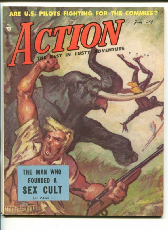 ACTION -JULY 1953-PICTURE MAGS-ELEPHANT ATTACK-WAR-HORSE RACING-vf