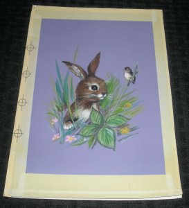 HAPPY EASTER Brown White Rabbit w/ Flowers & Bird 6.5x9 Greeting Card Art #2806