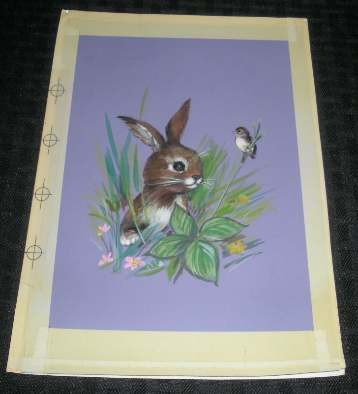 HAPPY EASTER Brown White Rabbit w/ Flowers & Bird 6.5x9 Greeting Card Art #2806