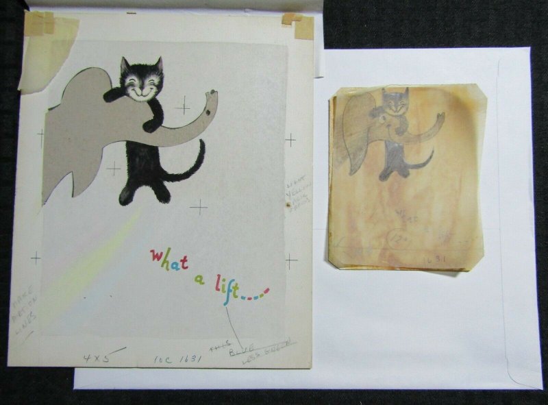 WHAT A LIFT Cute Cat with Elephant 8x9.25 Greeting Card Art #C1631
