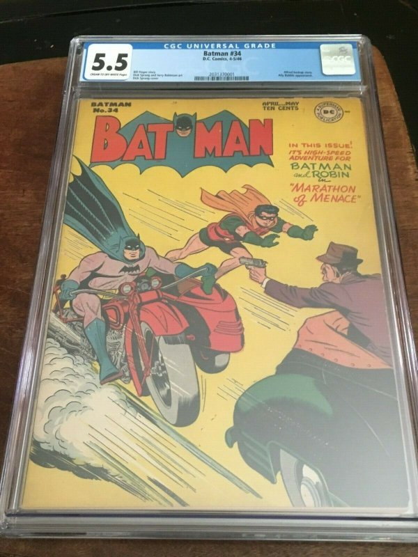 BATMAN #34 - CGC 5.5 - (FN-) BACKUP ALFRED STORY - GOLDEN AGE - HTF - 