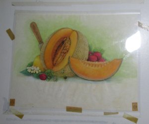MOTHERS DAY Cut Cantaloupe Strawberries Knife 13x10.5 Greeting Card Art #345-H