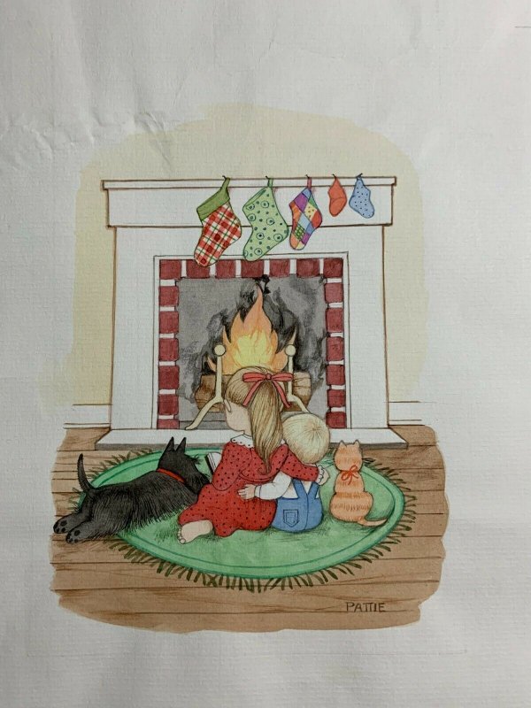 CHRISTMAS Children Dog Cat & Fireplace 8x10 Greeting Card Art #0065 w/ 15 Cards