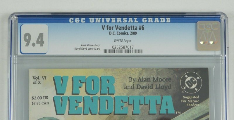 V For Vendetta #6 CGC 9.4 alan moore - david lloyd - dc comics 1989 white pages 