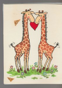 BE MY VALENTINE Two Cartoon Giraffes with Heart 4.5x6 Greeting Card Art #V3744