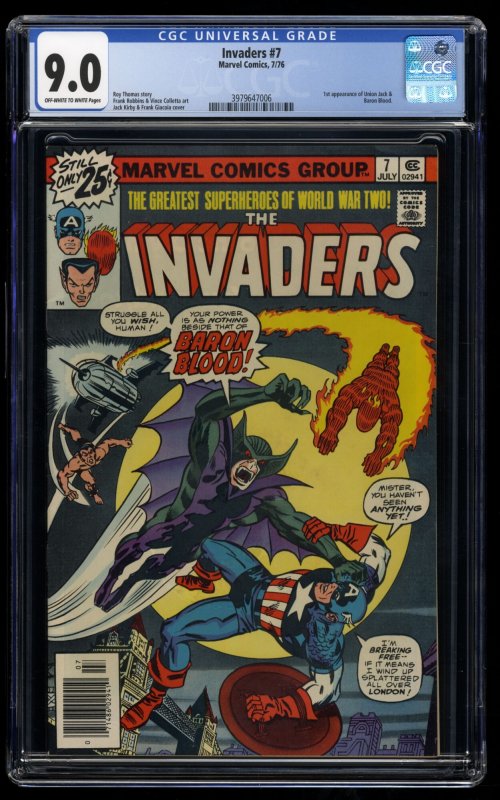 Invaders #7 CGC VF/NM 9.0 Off White to White 1st Baron Blood and Union Jack!