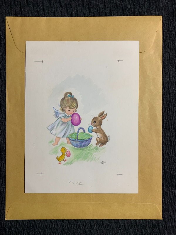 FOR YOU AT EASTER Angel with Bunny Chick & Eggs 6.5x8.5 Greeting Card Art E2412