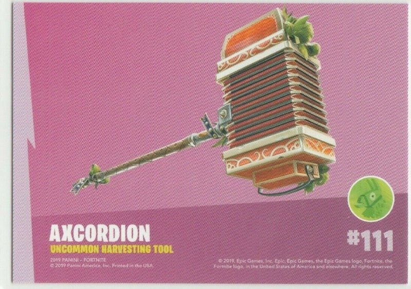 Fortnite Axcordion 111 Uncommon Harvesting Tool Panini 2019 trading card series