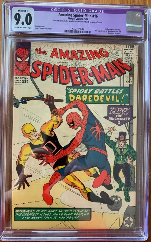 THE AMAZING SPIDER-MAN #16 CGC 9.0 -- 1ST DAREDEVIL XOVER LEE / DITKO restored