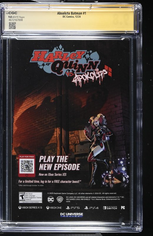 ABSOLUTE BATMAN #1 DC 2024 1ST PRINT NICK DRAGOTTA SIGNED CGC SS 9.8 NM