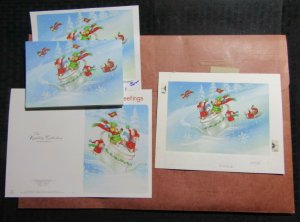 CHRISTMAS Cute Mice Sledding on Tea Pot 8.25x6.5 Greeting Card Art #X9016