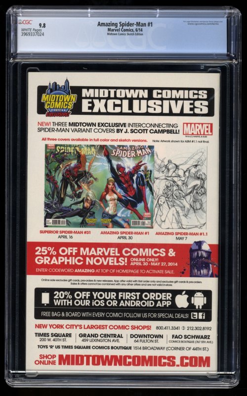 Amazing Spider-Man (2014) #1 CGC NM/M 9.8 Midtown Comics Sketch Variant