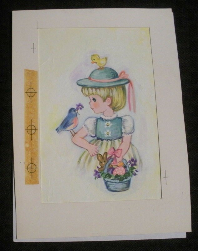 EASTER Cute Girl w/ Bunny Birds & Basket 6x8.5 Greeting Card Art #2205