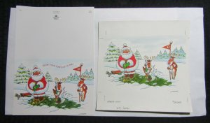 CHRISTMAS Santa Claus w/ Reindeer Playing Golf 9x9 Greeting Card Art #X6061