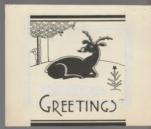 CHRISTMAS GREETINGS Black & White Reindeer 8x6.5 Greeting Card Art #nn