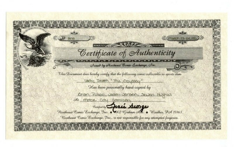 Lady Death Odyssey #1 1996- triple signed with COA- NM 