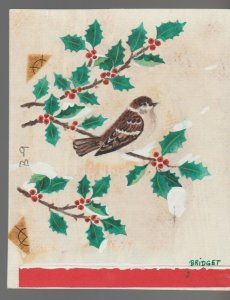 CHRISTMAS Brown Bird on Holly Branch w/ Berries 4.25x5.25 Greeting Card Art #B9