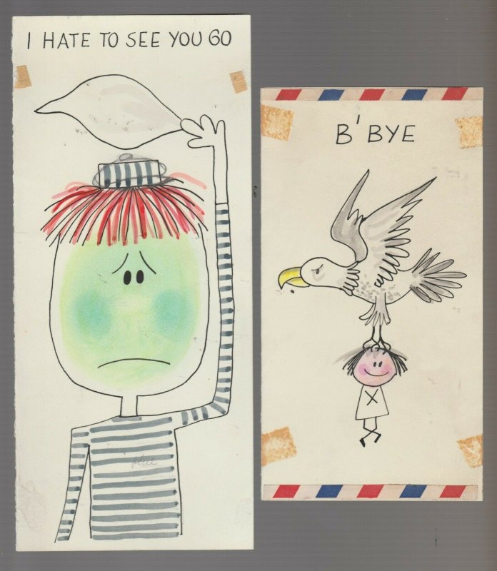 BON VOYAGE Sad Boy & Girl with Eagle 2pcs 4x9 Greeting Card Art LOT of 2