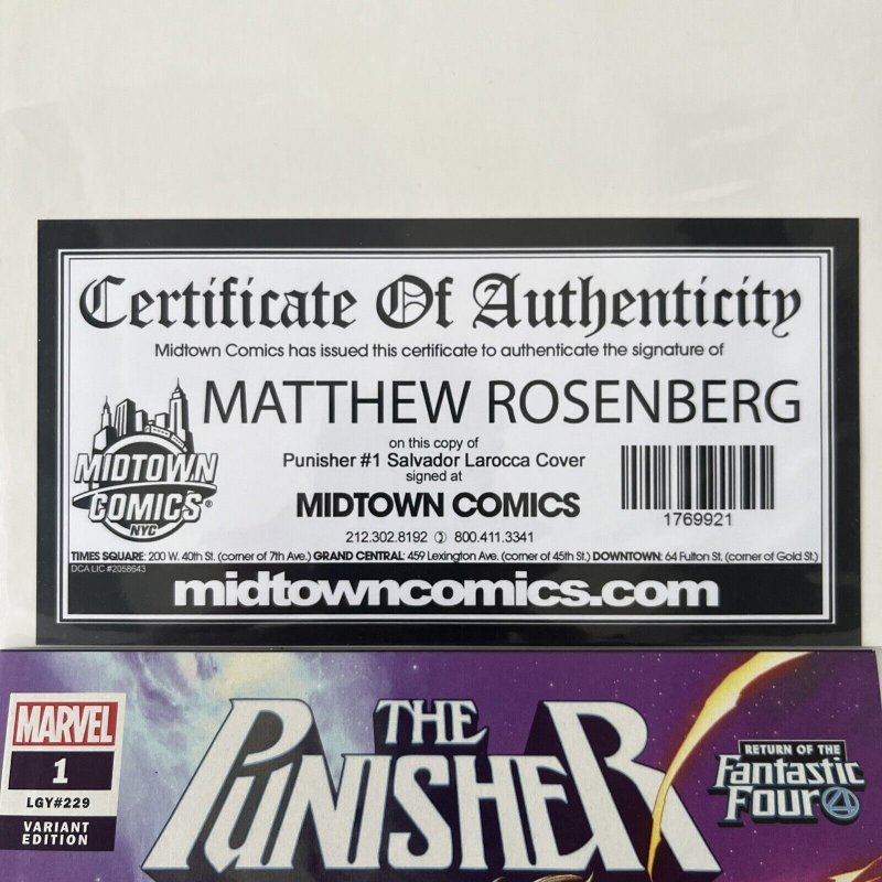 The Punisher #1. Variant. Signed By Matthew Rosenberg With COA.  Rare. NM ???