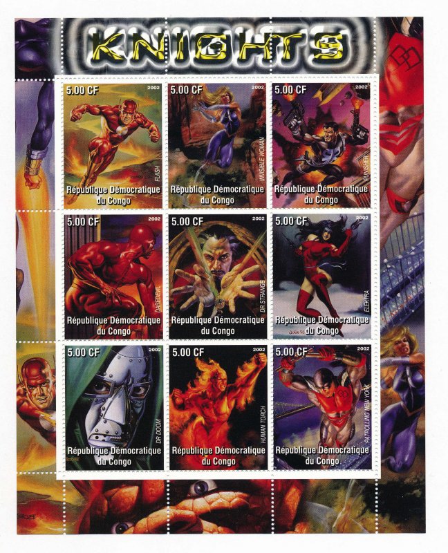 Superheroes Knights on Stamps - 9 Stamp Mint Sheet