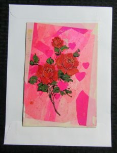 VALENTINES DAY Painted Red Roses on Tissue 6x9 Greeting Card Art #V3925