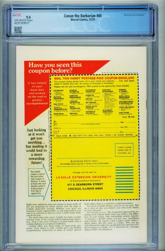 Conan The Barbarian #45 CGC 9.4 --1974--comic book--Marvel--4291309011