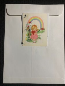 VALENTINES Cute Girl Mailbox Rainbow Kitten & Heart 4x5 Greeting Card Art V3223