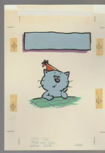 CARTOON BLUE CAT w/ Happy Birthday Hat 7x9 #8921 Greeting Card Art