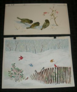 CHRISTMAS Birds in Snow Eating Holly Berries 2pcs 6.5x5 Greeting Card Art #63 74