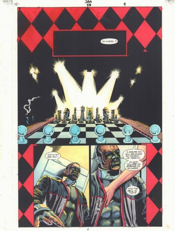 JSA #28 p.9 Color Guide Art - Mr. Terrific trapped in Chess board by John Kalisz