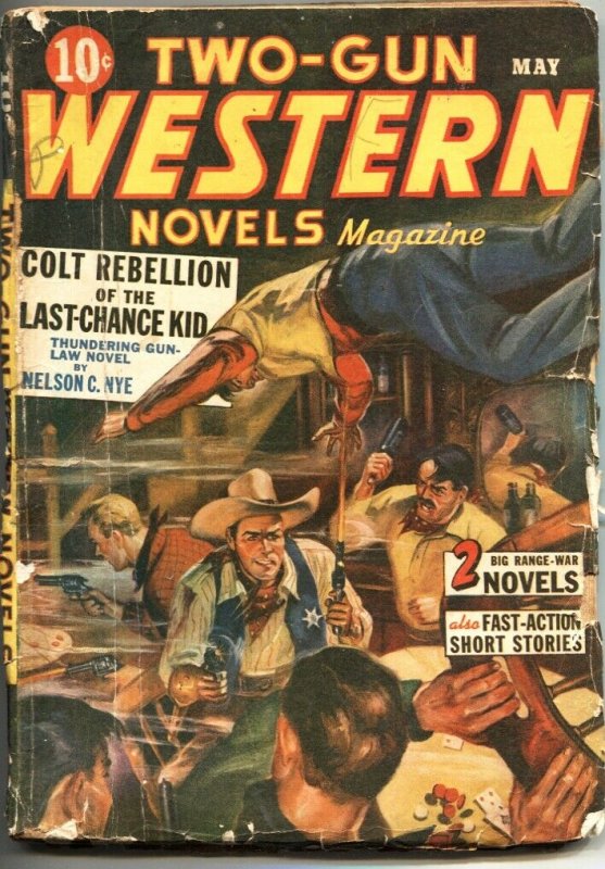 TWO-GUN WESTERN NOVELS-MAY 1943-GUNFIGHT CARD GAME COVER-PULP VIOLENCE