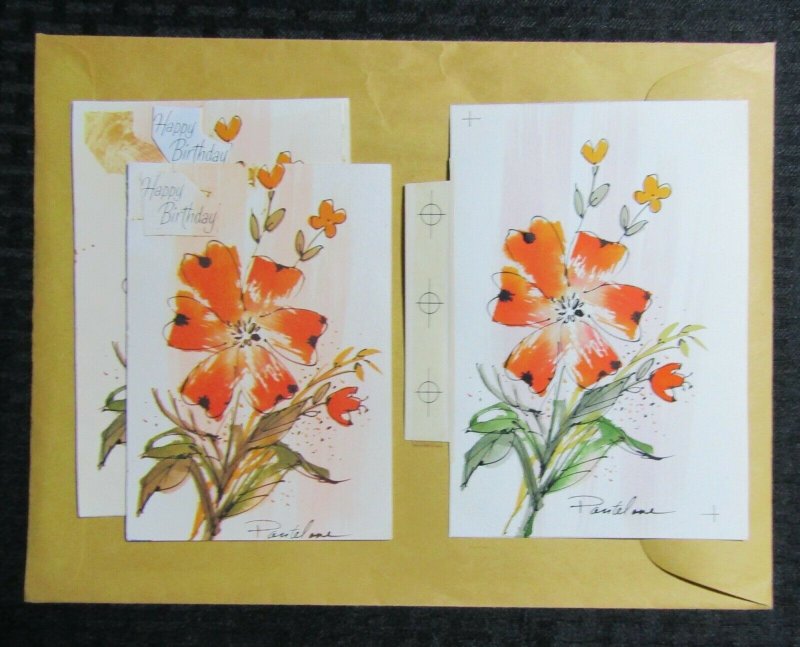 HAPPY BIRTHDAY Orange Flowers 4.5x6.5 Greeting Card Art #B1158 w/ 2 Mock-Ups